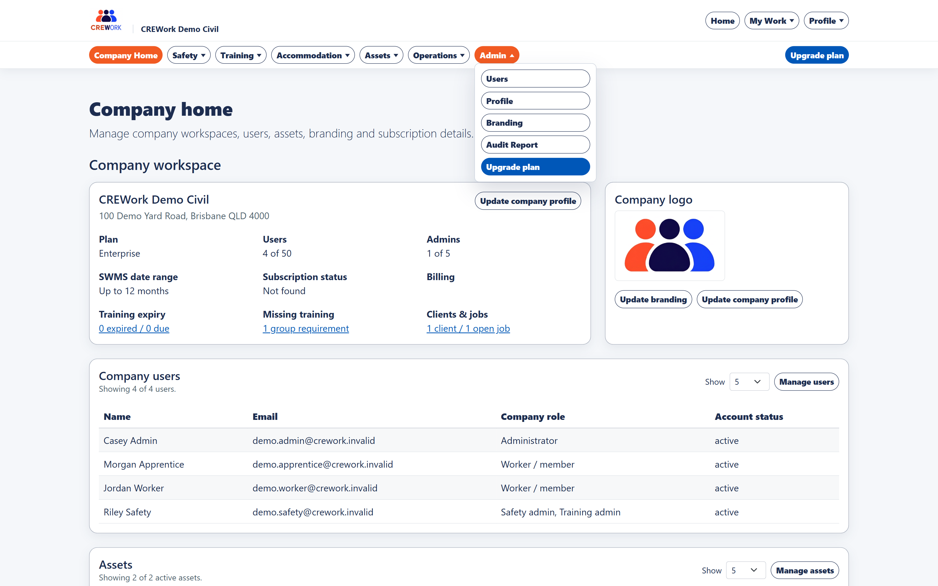 CREWork company navigation menus