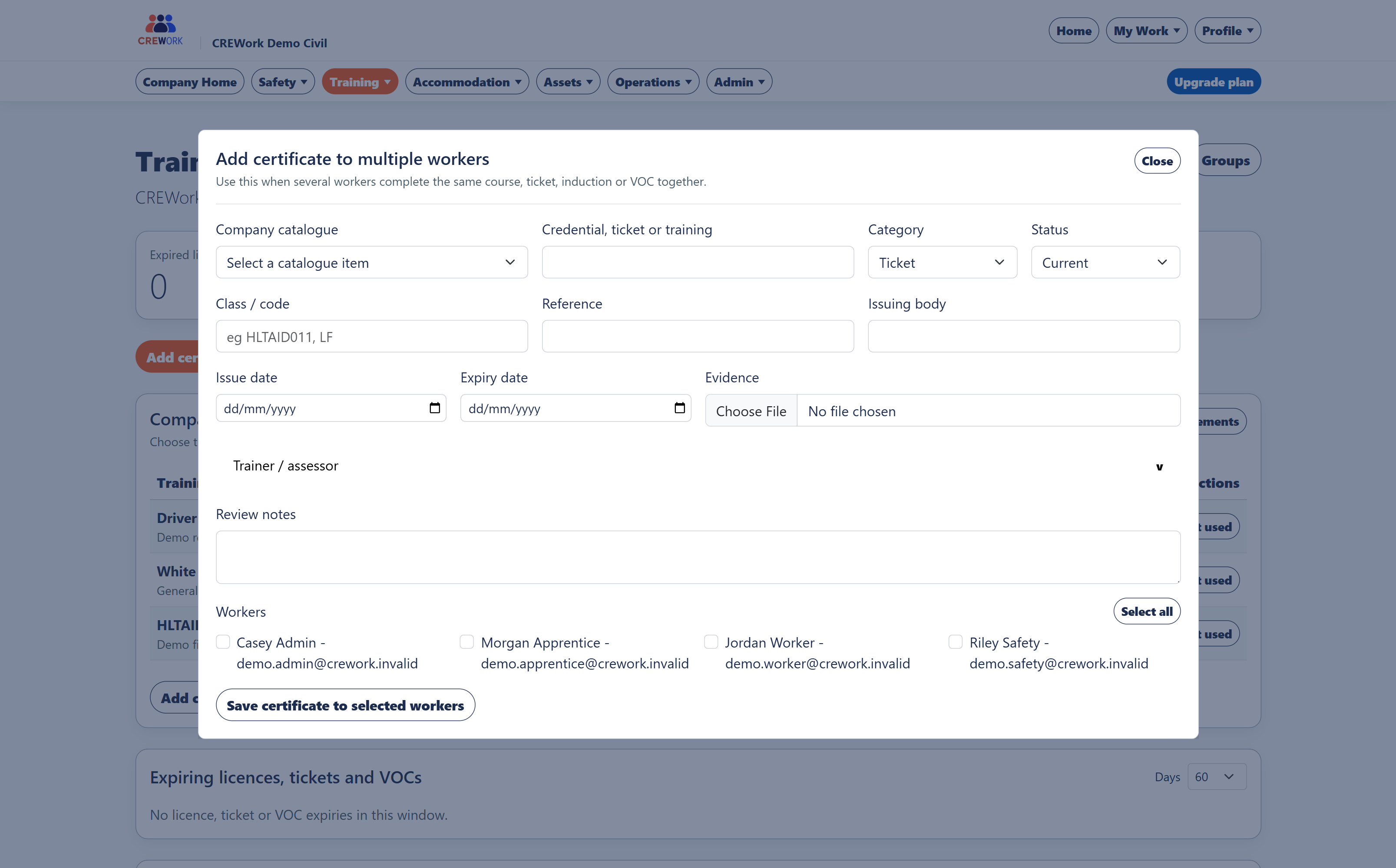 CREWork add certificate to multiple workers modal